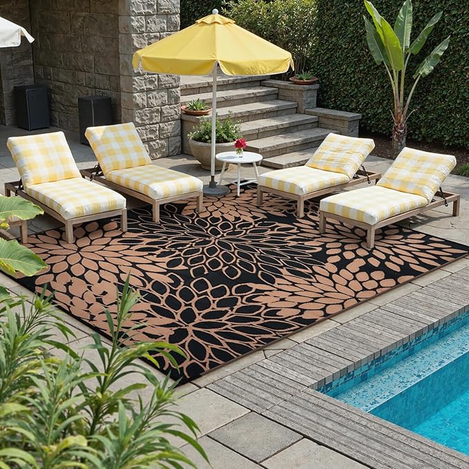 Anidaroel Outdoor Rugs 6x9ft for Patios Clearance Waterproof, Reversible Tropical Plastic Straw Camping Mat Outside Rug, Large Outdoor Area Rug for RV,Deck, Balcony, Picnic(Black/Brown,6'x9')