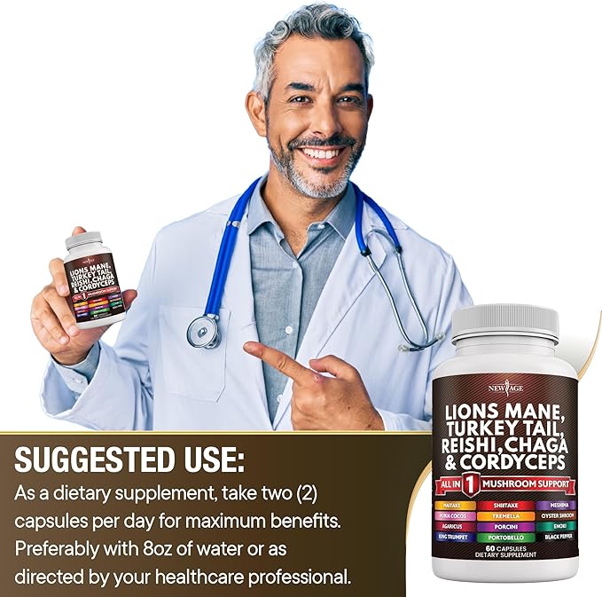 NEW AGE Lions Mane Mushroom Supplement with Turkey Tail Reishi Cordyceps Chaga with Marshmallow Root