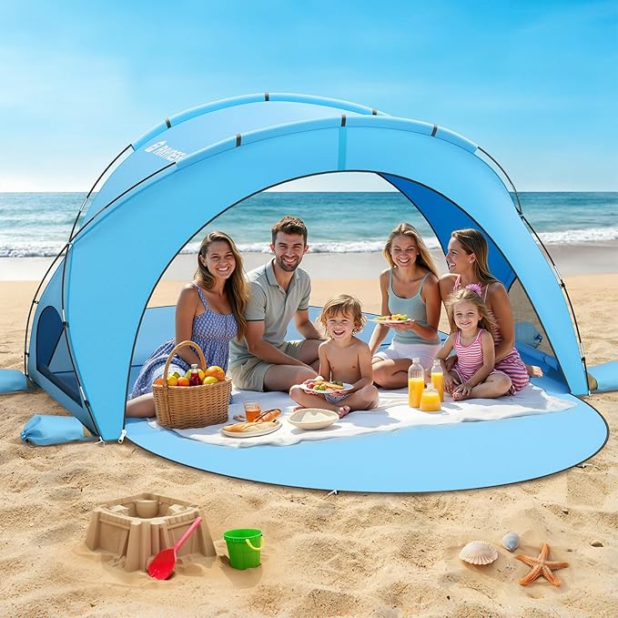 Beach Tent Sun Shelter, Beach Shade Tent with UPF50+ UV Protection, Beach Sun Shelter, Beach Shade with 2 Zippered Doors, Portable Beach Tent for Beach Camping Fishing