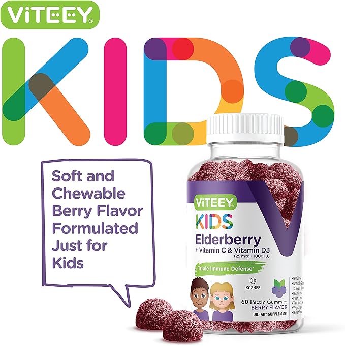 Sambucus Elderberry Gummies for Kids Immune Support Supplements with Vitamin D3 & Vitamin C - 3-1 Immune Booster - Vegetarian, Gelatin Free, Gluten Free, GMO Free - Tasty Chewable Berry Flavored Gummy