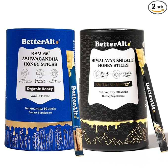 Better Alt Ashwagandha & Classic Shilajit Honey Sticks | KSM-66 Ashwagandha, Pure Himalayan Shilajit with Organic Multiflora Honey & Saffron | 60 Sticks |Energy & Immune Support Supplement (Classic + Ashwagandha)