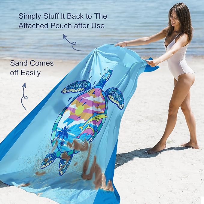 Beach Blanket Waterproof Sandproof 79"x 83" for 1-4 Adults,Quick Drying Beach Mat,Lightweight & Durable,Beach Essentials for Family Beach Camping Travel Picnic(Blue Turtle)