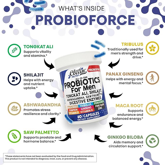 Clean Nutra Probiotics for Men | Tongkat Ali, Saw Palmetto, Tribulus, Ginseng, Ashwagandha, Maca, Pumpkin, Gingko Biloba, Pine Bark, Fenugreek, Shilajit, Zinc - Mens Probiotic 60 Capsules