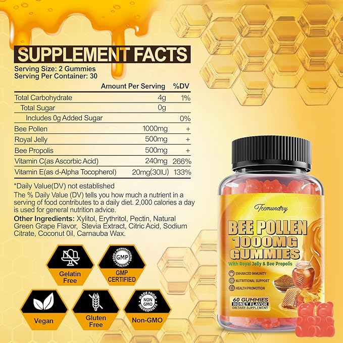 Bee Pollen 1000MG Gummies with 500MG Royal Jelly & Bee Propolis, Sugar Free Bee Pollen Supplement Rich in Vitamin C & E, Vegetarian, Non-GMO, Gluten Free, Support Immunity & Skin Health