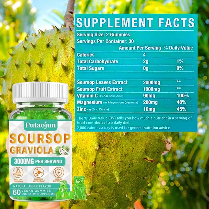 Soursop Graviola Extract 2000 MG | Soursop Leaves Extract | Soursop Gummies Healthy & Soursop Fruit for Adults | Non-GMO | Vegan, 60 Gummies