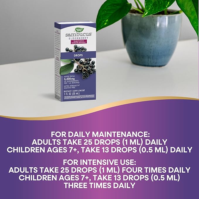 Nature's Way Sambucus Elderberry Drops with Ultra Strength Elderberry, Immune Support*, Made from 6400mg of Elderberries per 1 mL, 1 Fl. Oz.