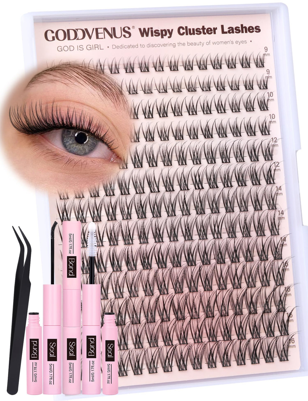 Goddvenus Lash Clusters Kit Wispy Eyelash Clusters Kit DIY Lash Extension Kit Natural 195pcs Cluster Eyelash Extensions Kit C Curl Individual Lashes 9-16mm Lashes Clusters Kit