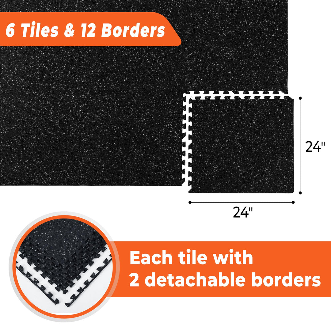 SUPERJARE 0.4'' Thick 6 Pcs 24 Sq Ft Rubber Top Exercise Equipment Mats, High Density EVA Foam Mats with Rubber Top, Interlocking Gym Flooring for Home Gym, Protective Workout Mat, Black/Grey