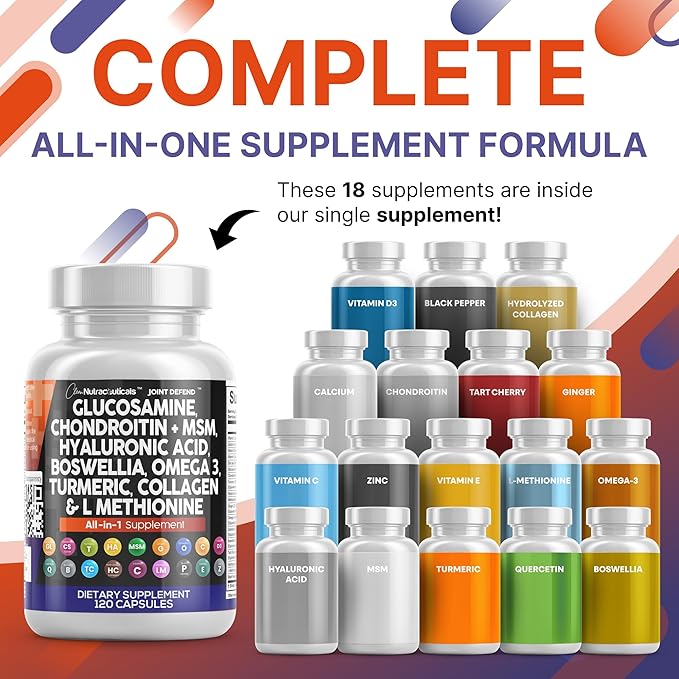 Clean Nutraceuticals Glucosamine Chondroitin MSM 1500mg with Turmeric Curcumin, Collagen, Hyaluronic Acid, Omega 3 – Joint Health Supplement for Men & Women – Joint Complex – 120 Count