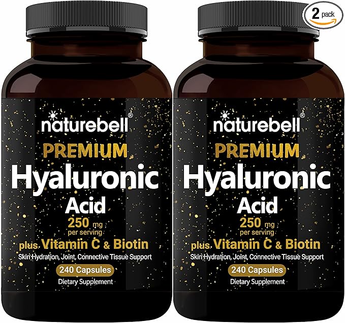 NatureBell 2 Pack Plant Based Hyaluronic Acid Supplements 250mg with 25mg Vitamin C & Biotin 5000mcg, 480 Total Capsules | Essential for Hair Growth, Joint Support, & Hydrating Skin | Non-GMO