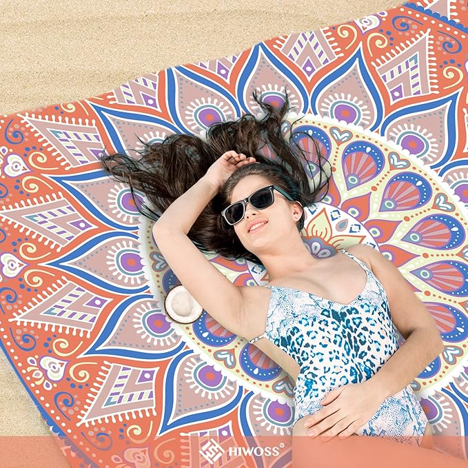 Beach Blanket Waterproof Sandproof Oversized 95”x 80”,Sand Free Beach Mat with Corner Pockets,Portable Mesh Bag for Beach Festival,Picnic,Travel and Outdoor Camping (SunsetOrange Blue)