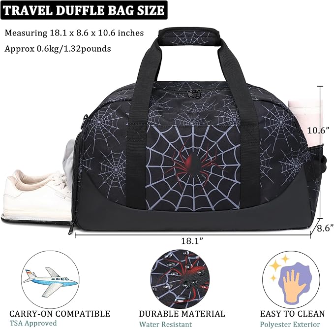 JIANYA Kids Overnight Duffle Bag Spider Sports Gym Bag with Shoe Compartment & Wet Pocket, Carry On Weekender Travel Bag, Black