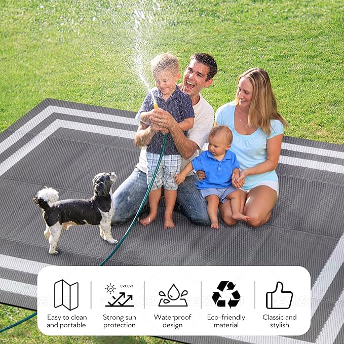 9'x 12' Outdoor Rug,Waterproof Reversible Patio Rugs,9x12 ft Plastic Straw Outdoor Carpet Foldable Plastic Camping Mat for Outside RV, Patio,Picnic,Camper,Balcony,Porch(Gray&White)