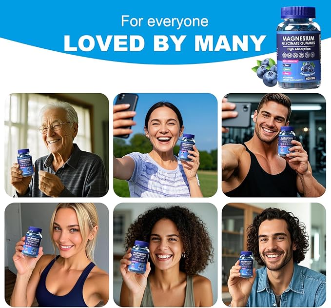 Blueberry Flavor Magnesium Glycinate Gummies 400mg – High Absorption Supplement for Adults and Kids, Sugar-Free, Gelatin-Free, Vegan-Friendly, 60-Day Supply