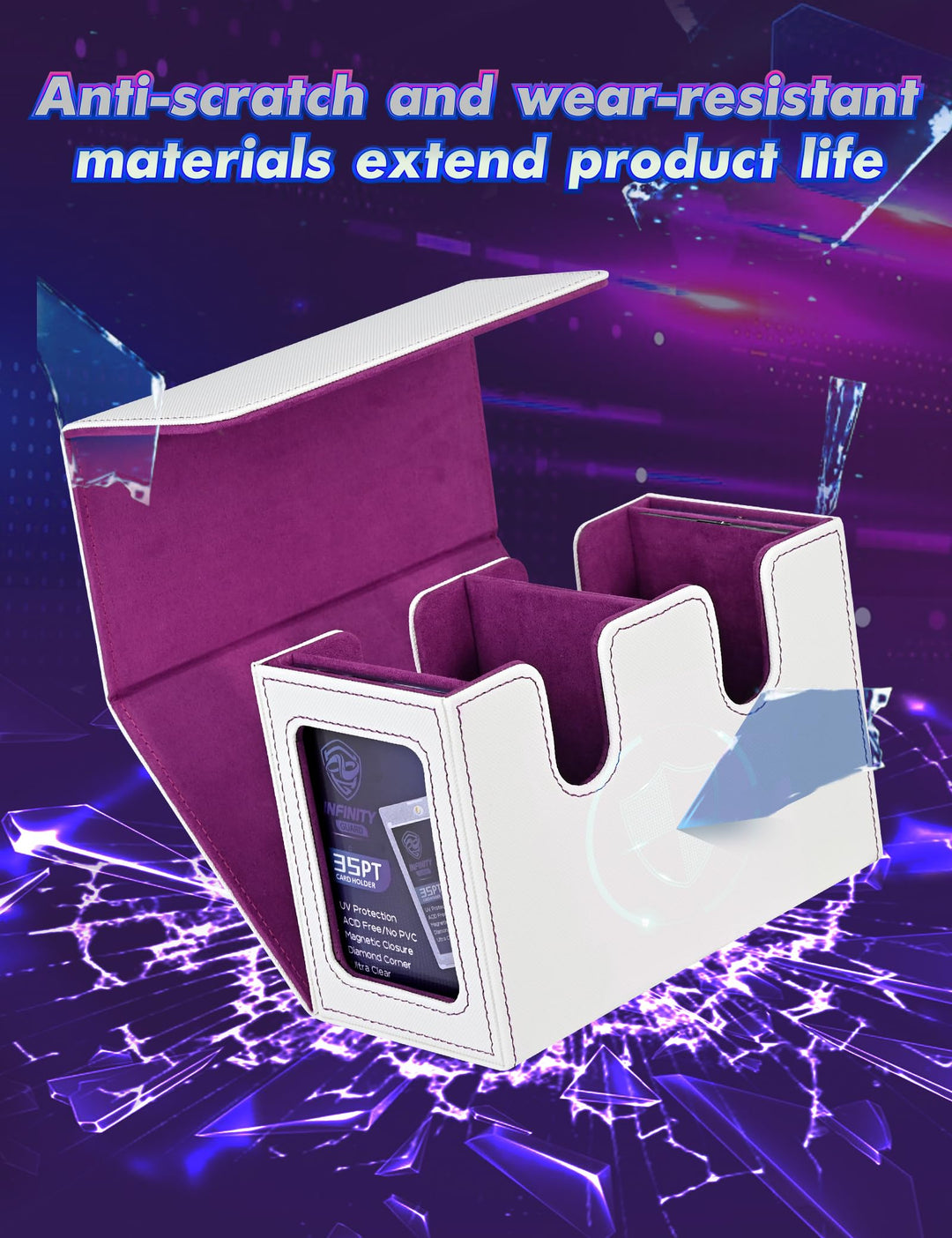 Infinity Guard MTG Deck Box with 2 Commander Display, Double Deck Box for 280+ Single Sleeved Cards, Leather Magnetic Card Storage Box Fits for TCG CCG Magic Cards (White&Purple)