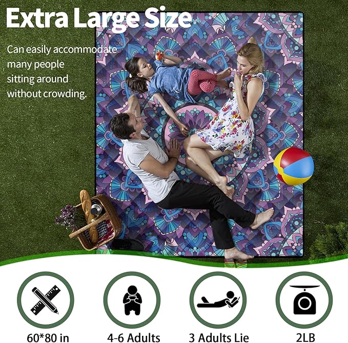 Picnic Blankets Oversized 60x80 Beach Blanket Waterproof Sandproof Foldable Large Outdoor Grass Mat Travel Camping Essentials RV Road Trip Accessories Vacation Gear Gifts for Couple Women Mom