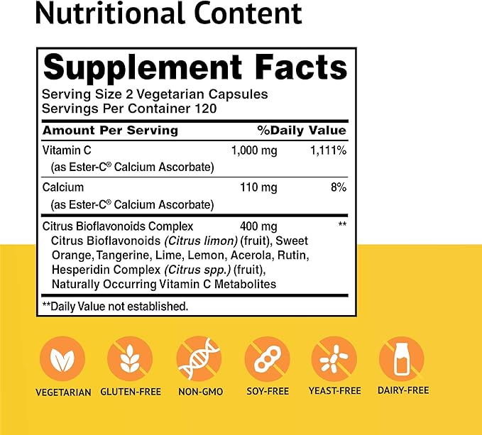 American Health Ester-C with Citrus Bioflavonoids Vegetarian Capsules- 24-Hour Immune Support, Gentle On Stomach, Non-Acidic Vitamin C - Non-GMO, Gluten-Free, Vegan - 500 mg, 240 Count, 120 Servings