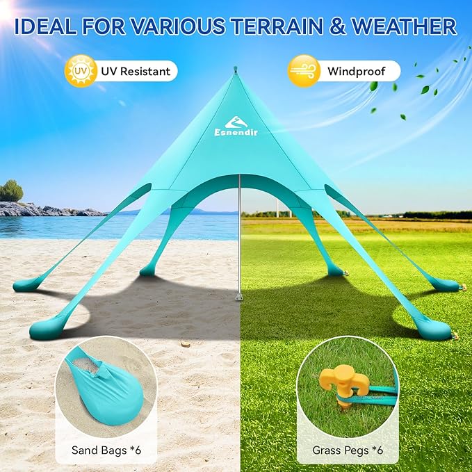 Beach Tent Sun Shelter & Portable Beach Canopy UPF 80+ UV Protection, Beach Shade Canopy with 6 Sandbags, Sand Shovel Ground Pegs for Outdoor Camping, Picnics (12x12ft, Turquoise)