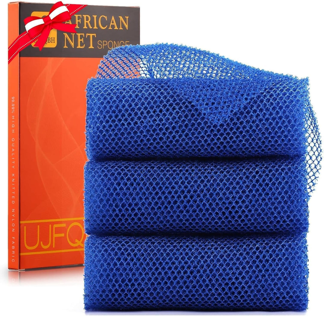3-Piece African Net Bath Sponge Set | Exfoliating Shower Scrubber | Black, Blue, Brown