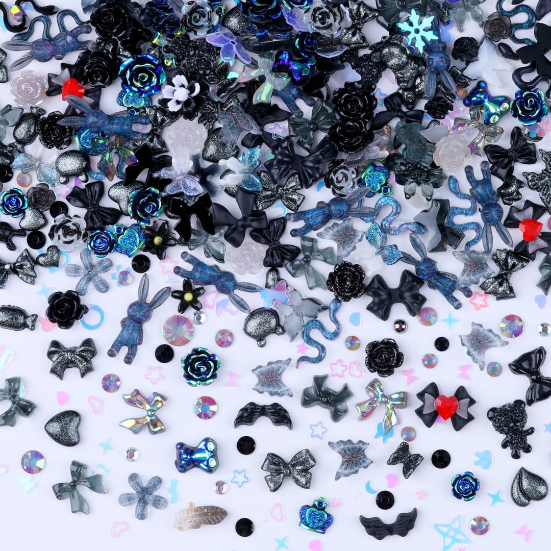 Sinyanail 300pcs Nail Art Charms Kit,Over 100pcs Mixshape Resin Nail Gems and 100 pcs Mixed Flatback Nail Rhinestones Pearls with Over 100pcs Nail Sequins for Nail Art Accessories(Black)