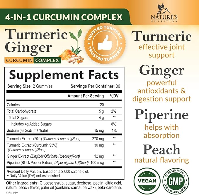 Turmeric Gummies with Black Pepper & Ginger for Best Absorption, 95% Curcuminoids Tumeric Curcumin Gummy, Nature's Herbal Extract Joint Support Supplement, Vegan Non-GMO, Peach Flavor - 60 Gummies