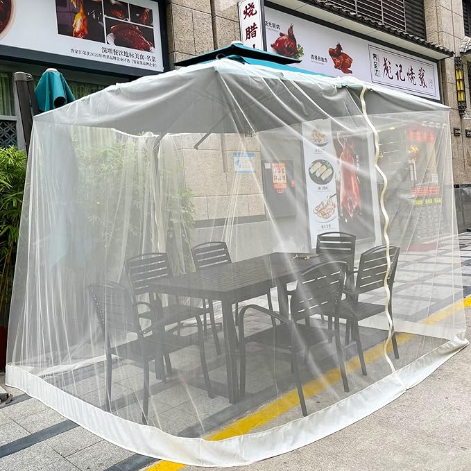 7.5-11ft Beige Patio Umbrella Mosquito Netting, with Double Zipper Door, Polyester Mesh Net Screen Universal for Almost Outdoor Market Table Umbrellas & Cantilever Offset Hanging Umbrella w/Tilt
