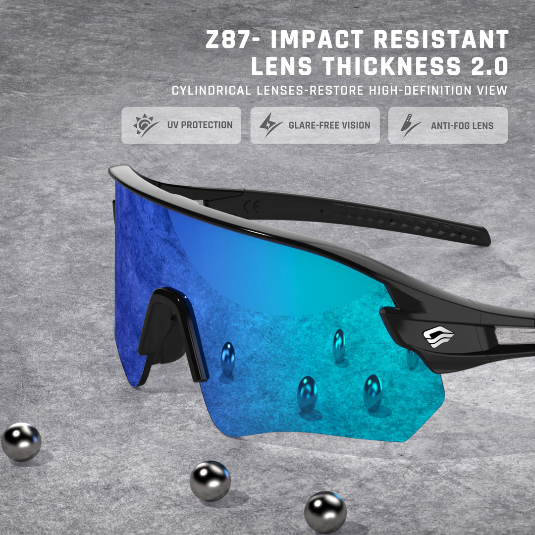 TOREGE Sunglasses for Men Women Bike Cycling Fishing Running Driving Hiking Baseball Anti-fog Sports Z87 Sunglasses UV Protection 02EV (Black Black&Iceblue)