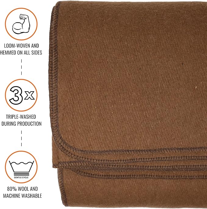 Arcturus Military Wool Blanket - Warm, Thick, Washable - Great for Outdoors, Camping, Stadium Blanket, Picnics, Travel - Car & Bushcraft Survival Kits, Large 64in x 88in 4.5 lb