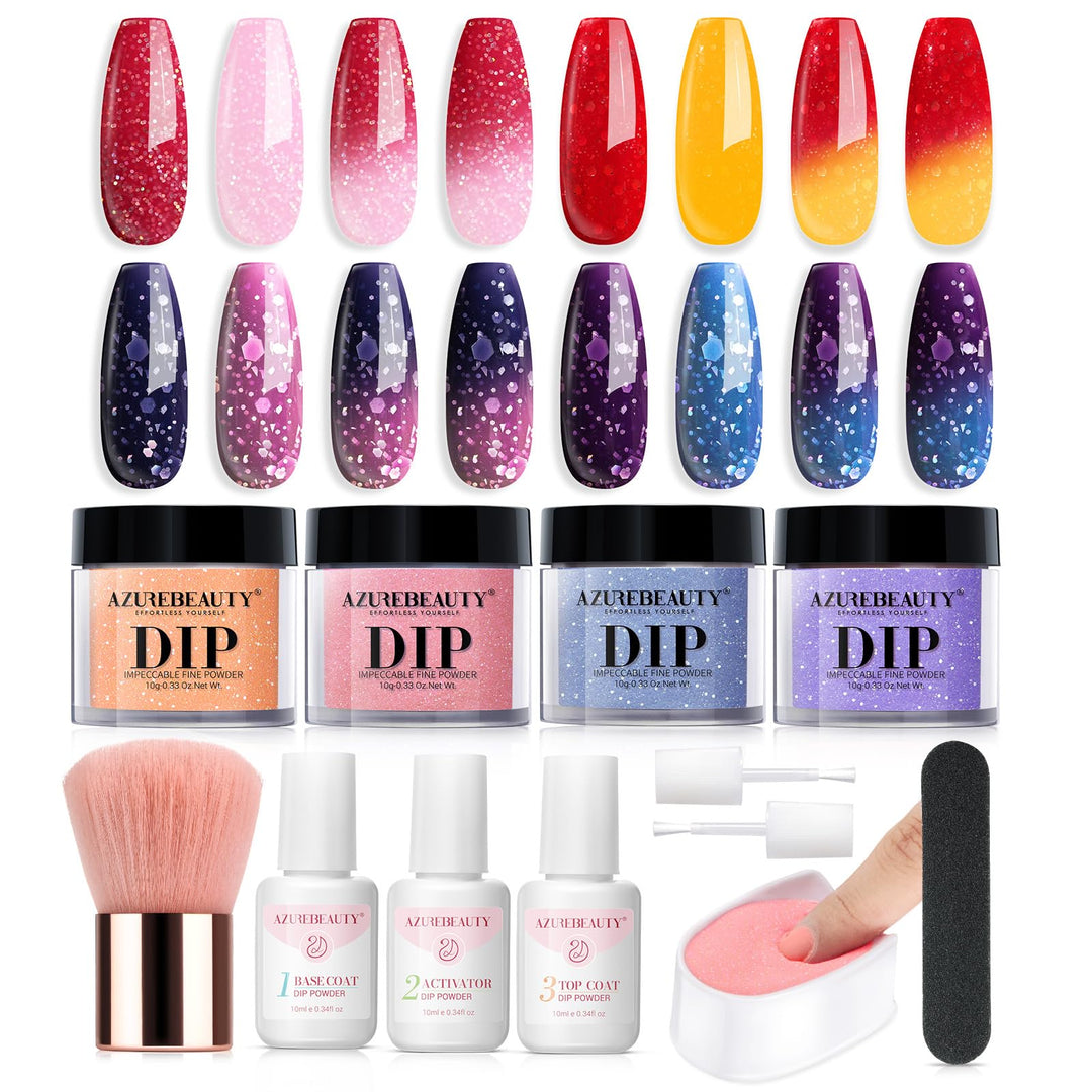 Azurebeauty Dip Powder Nail Kit, Color Changing Glitter Pink Blue Purple Orange Mood Temperature Dipping Powder Liquid Set With