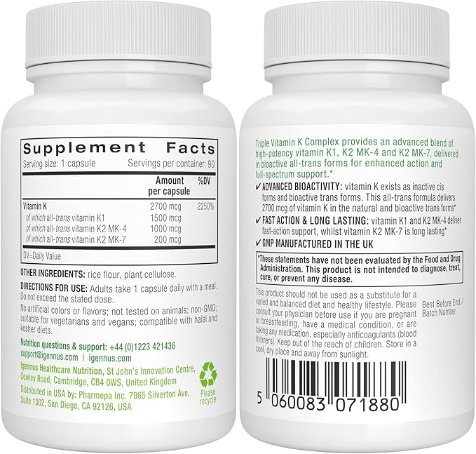 Igennus High Strength Triple Vitamin K Complex 2700 mcg, Vitamin K1 & K2 (MK-4 & MK-7), Advanced Bioactive Forms, Bone & Cardiovascular Support, Clean Label, Vegan, 90 Capsules