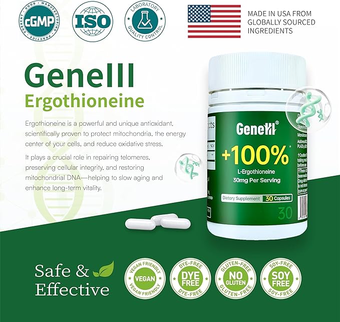 L-Ergothioneine Supplement, 30mg(EGT)/Serving, 6X Ergothioneine Mushroom Extract Supplements Longevity, Immune Support, Heart Health & Brain Supplement, Lab Tested, Made in USA (30 Servings)