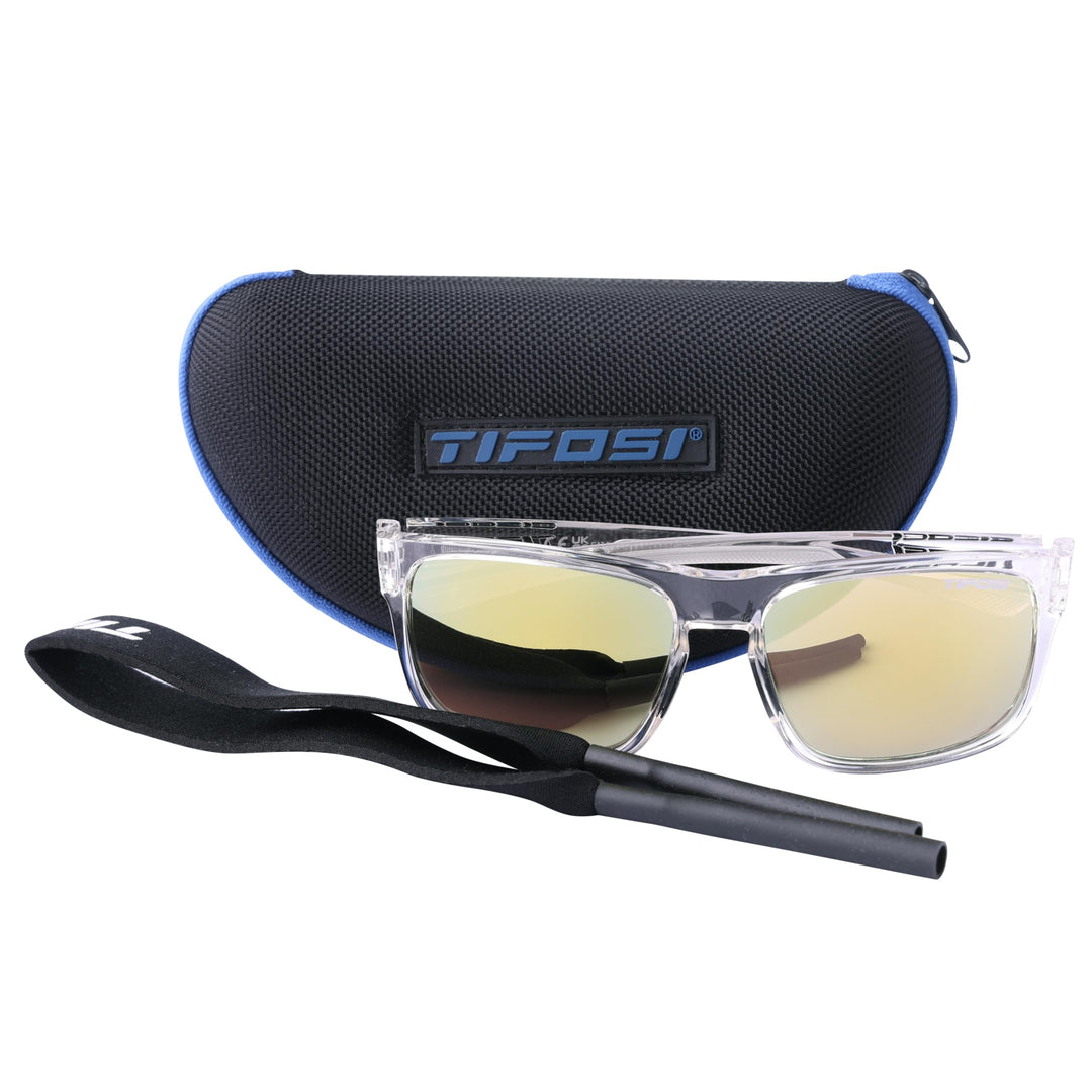 Tifosi Optics Swick Sunglasses Bundle with Case and Eyewear Straps (Crystal Clear/Smoke Yellow Mirror)