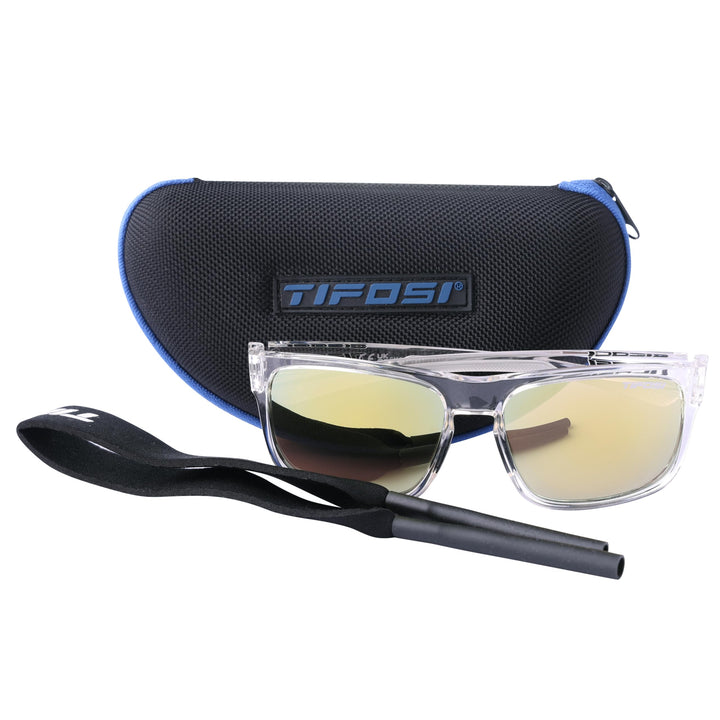 Tifosi Optics Swick Sunglasses Bundle with Case and Eyewear Straps (Crystal Clear/Smoke Yellow Mirror)