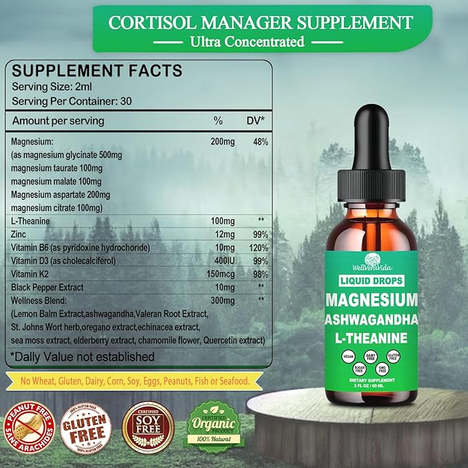 2 Pack Cortisol Supplement w. Magnesium L Theanine Ksm-66 Ashwagandha Vitamin K2 B6 D 3 Supplement, Liquid Magnesium for Cortisol Reduce Detox Manager, Calm Relaxation & Balanced Hormone