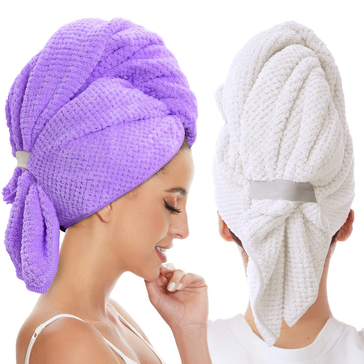 BYCOO 2 Pack Large Microfiber Hair Towel Wrap for Women, Anti Frizz Hair Drying Towel, Fast Dry Hair Turban for Wet Hair, Long, Thick, Curly Hair, Super Absorbent Soft Hair Towels (Purple & White)