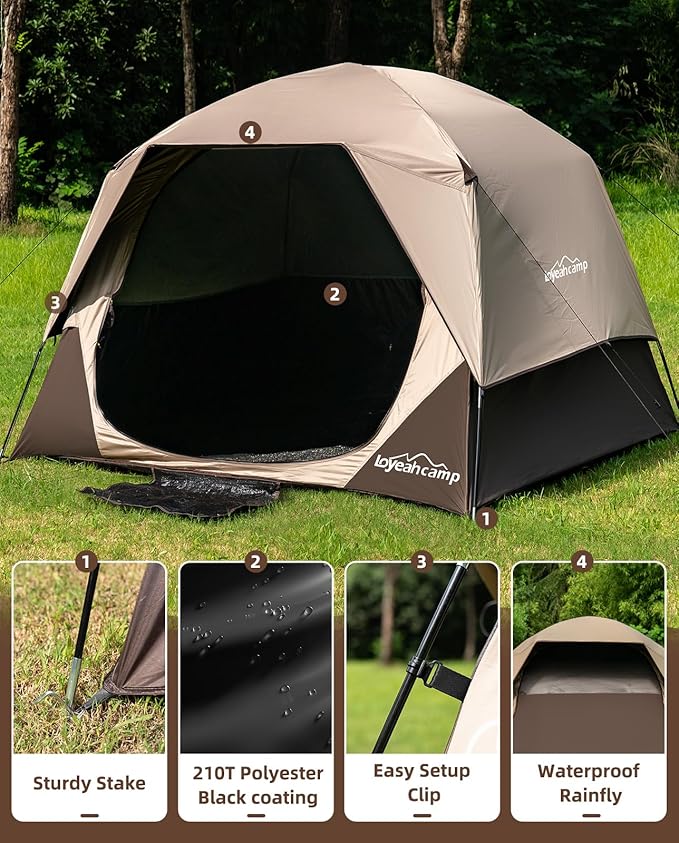 4 Person Blackout Camping Tent, Easy Setup Waterproof Family Dome Tent for Camping with Rainfly, Portable Double Layer Large Family Tent for Outdoor Camping&Hiking