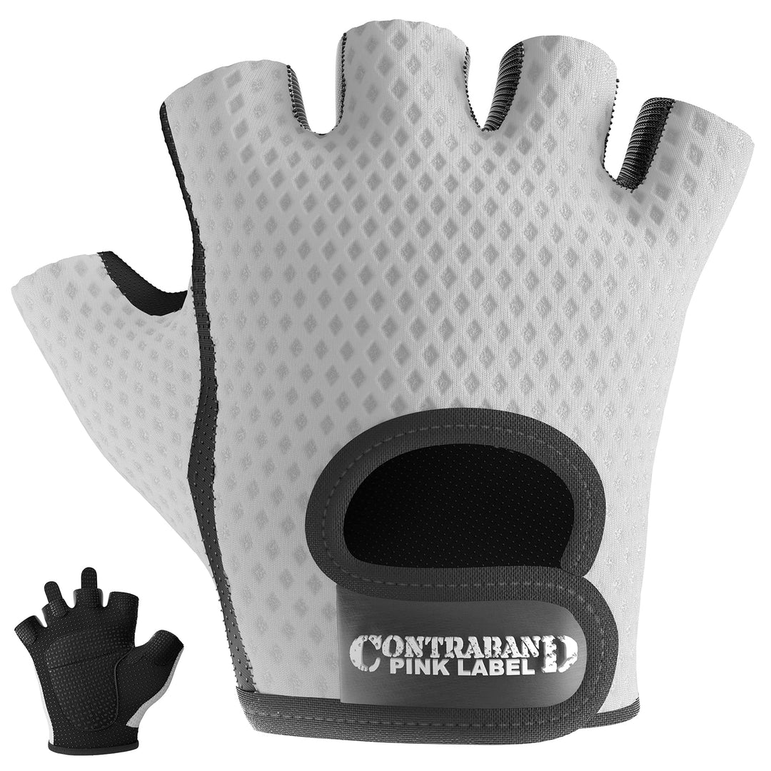 Contraband Pink Label 5307 Womens Designer Workout Gloves | Low Sweat Diamond Mesh Fabric w/Grip-Lock™ Silicone Palm (White, X-Small)