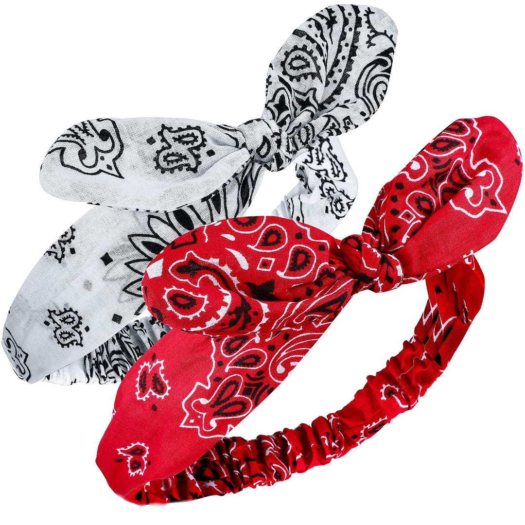 2 Pieces Bandana Headband For Women, Knot Retro Print Headbands Paisley Print Headband Headwrap Adjustable Headwrap(Red, White)