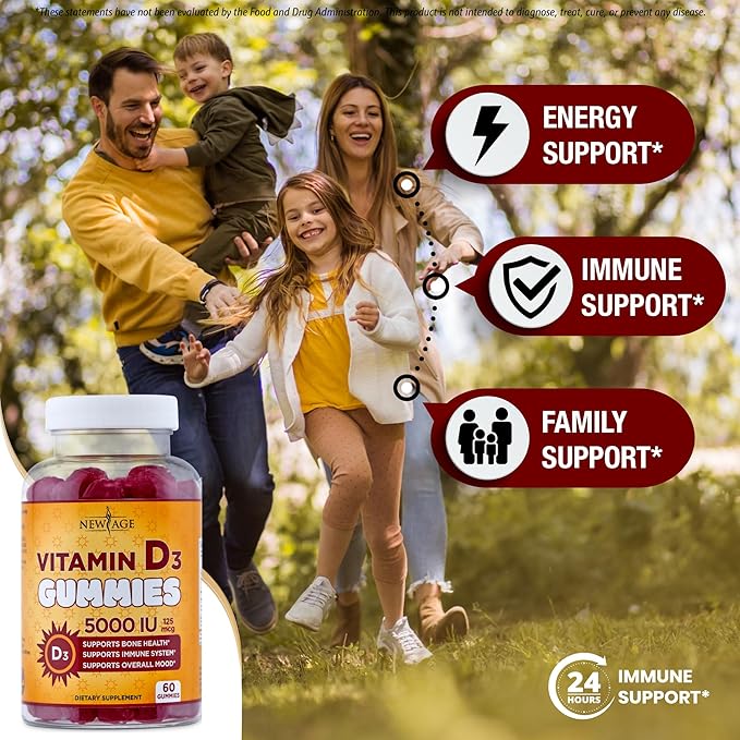 NEW AGE Vitamin D3 5000 IU 125mcg Gummies - Support Immune Support, Strong Bone Health - Non-GMO, Gluten-Free, Dairy-Free, No Gelatin (120 Gummies (Pack of 2))