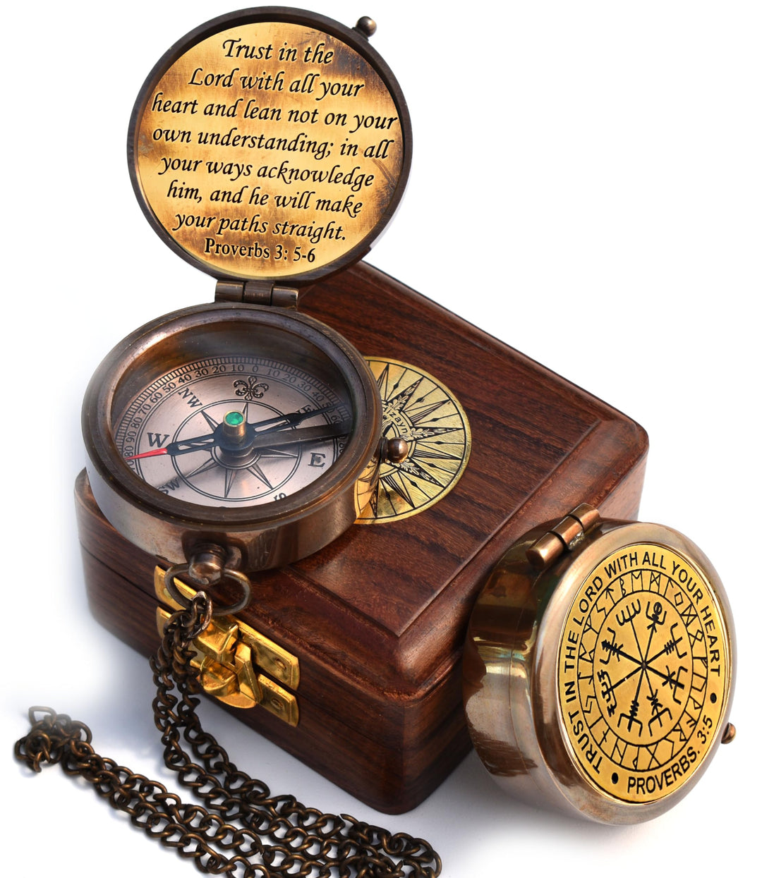 Trust in The Lord-Proverbs 3: 5-6 Quote Engraved Compass with Wooden Box, Greeting Card Included-Viking compass-Gift Compass-Christian, 2024 Graduation Day Gifts-Baptism Gifts for Women Mens Boy Girls