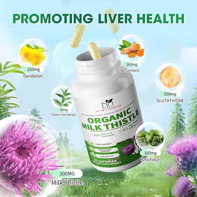 Liver Support Supplement with Milk Thistle Extract with Silymarin, Glutathione, Dandelion, Artichoke - Liver Cleanse Detox Repair, Antioxidant Support- 90 Capsules