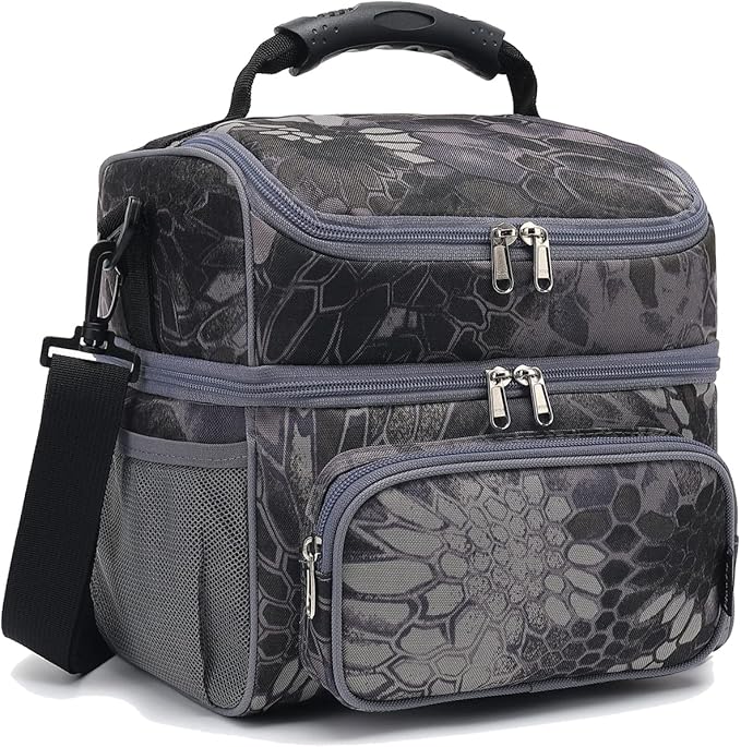 FlowFly Double Layer Cooler Insulated Lunch Bag Adult Lunch Box Large Tote Bag for Men, Women, With Adjustable Strap,Front Pocket and Dual Large Mesh Side Pockets
