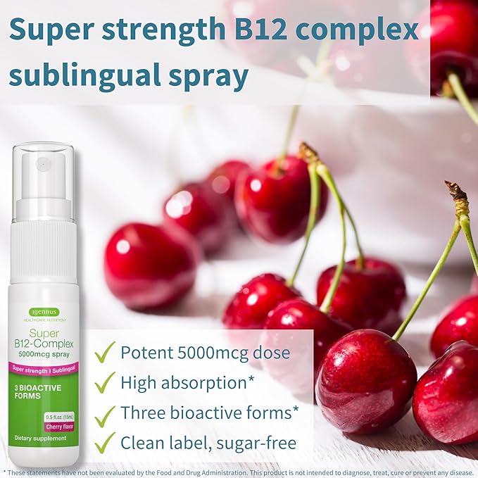 Igennus Super Vitamin B12 Complex 5000mcg, 45 Servings, Sublingual Spray, Methylated Methylcobalamin, Adenosylcobalamin & Hydroxocobalamin, High Strength & Clean, Natural Cherry Flavor Liquid, Vegan