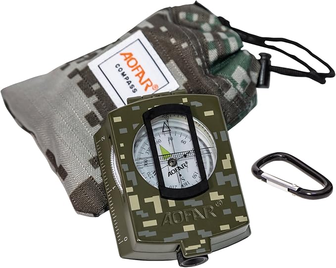 AOFAR Military Compass and Fire Starter AF-4580/381 Lensatic Sighting, Survival Kit,Waterproof and Shakeproof Measure Distance Calculator and Pouch for Camping, Hiking, Hunting, Backpacking