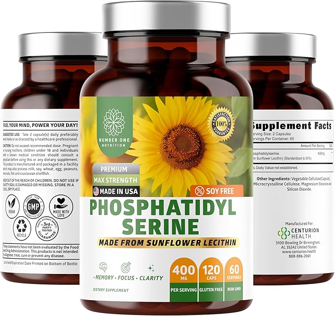 Number One Nutrition Premium Phosphatidylserine 400mg, Derived from Sunflower Lecithin to Help Support Memory, Focus & Cognition Naturally, Soy Free, 120 Veg Caps