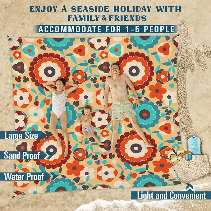 Beach Blanket Sandproof Waterproof 78''×81''1-5Adults Oversized,Compact Lightweight Durable Beach Mat for Travel Camping Hiking Picnic Blanket