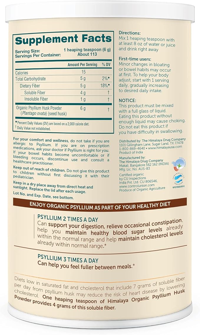 Himalaya Organic Psyllium Husk Powder, Daily Dietary Fiber Supplement, Regularity, Appetite Management, Certified Organic, Non-GMO, No Artificial Colors, Unflavored, 113 Teaspoon Supply, 24 Oz