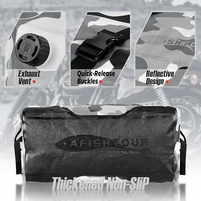 65L Waterproof Duffel Bag for Men and Women - Large Motorcycle Duffle Bag with Straps for Back Seat - Roll Top Dry Bag for Kayaking, Rafting, Boating, Swimming, Beach