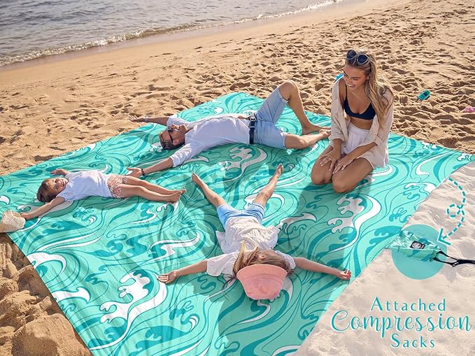 WEKAPO Beach Blanket Waterproof Sandproof Oversized Extra Large Sand Free Beach Mat with Stakes, Storage Bag - Essentials for Outdoor Beach, Picnic (Turquoise Ocean Waves, 8 X 7 FT (1~4 Person))