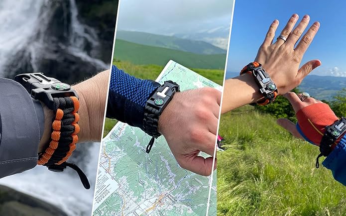 aZengear Paracord Survival Bracelet (2 Pack) | Flint Steel Fire Starter, Whistle, Compass, Mini Saw | Adjustable Wrist Band Size for Camping, Bushcraft, Emergency Kit (Black & Orange)